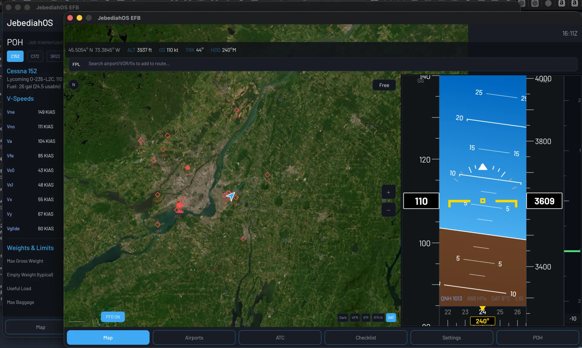 Satellite overlay with ADS-B traffic contacts and POH